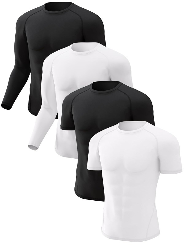 4 Pack Men’s Compression Shirts Long Short Sleeve Dry Cool Rash Guard XX-Small