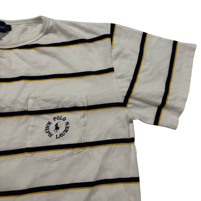 Ralph Lauren Vintage 90’s Mens L Striped Pocket T-Shirt White Navy Yellow Logo