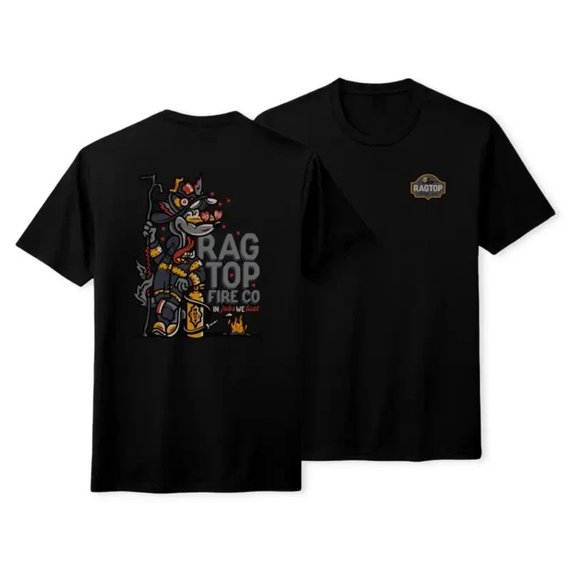 Ragtop Fire Co Firefighter Shirt, Cartoon Firefighter Mascot Graphic Tee