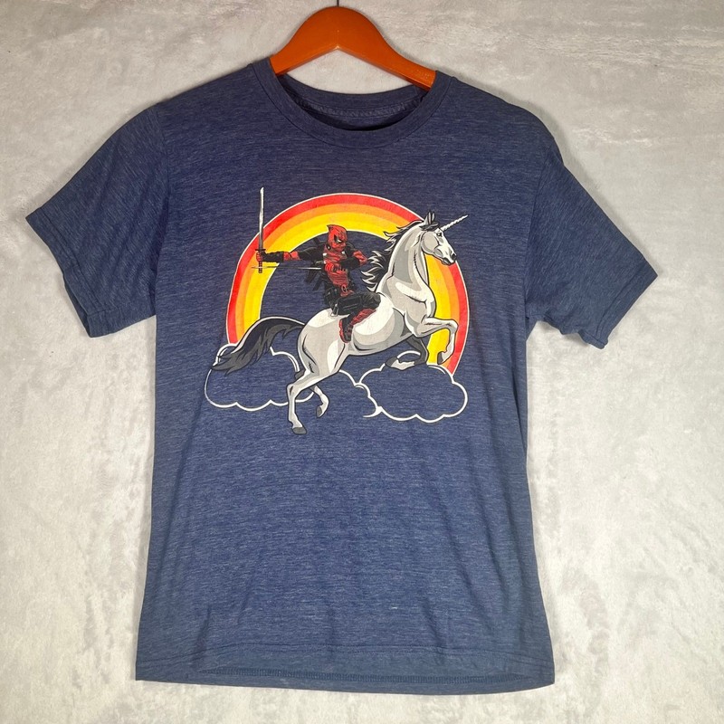 Marvel T-Shirt Mens Small Deadpool Riding Unicorn Rainbow Blue Heather Graphic