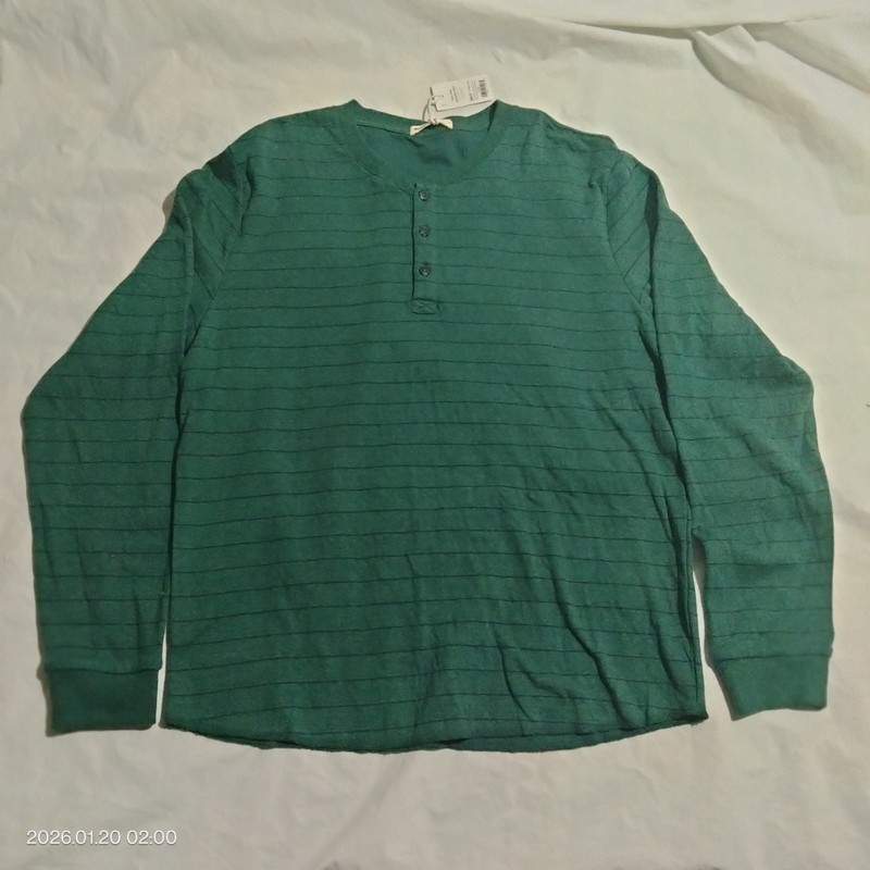 Marine Layer Men’s Size L Double Knit Henley Ponderosa Pine Navy Stripe Green