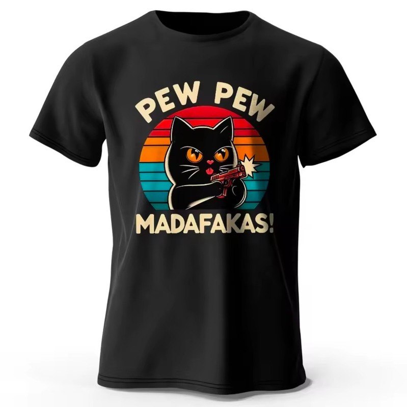 Pew Pew Madafakas T-Shirt Black Cat Saying Funny Funshirt Retro Mens New