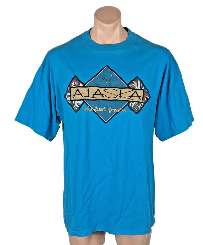 Vintage 90s Alaska The Last Frontier travel souvenir Vacation T-shirt L USA blue