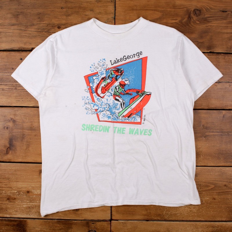 Vintage Adidas T-shirt L Mens 90s White Lake George Jet Ski Single Stitch USA