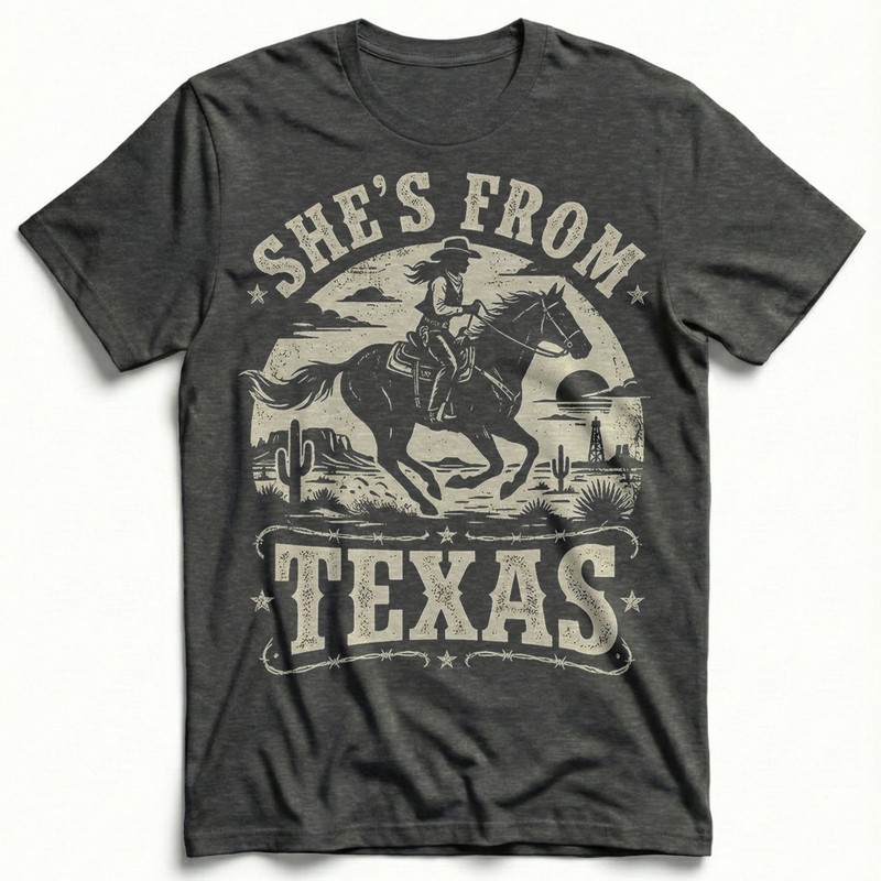 Shes From Texas Cowgirl Horse Riding Vintage T-Shirt Western Desert Cactus Tee