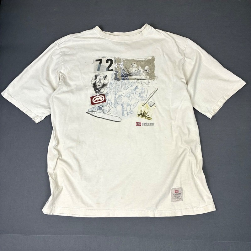 Ecko Unltd Rhino Graffiti Graphic T-Shirt Men’s Size XL White Cream Y2K Skater