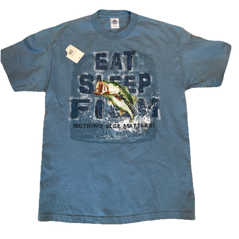 Vintage Fishing T Shirt Mens L Blue Graphic Eat Sleep Fish Fisherman Outdoor NEW