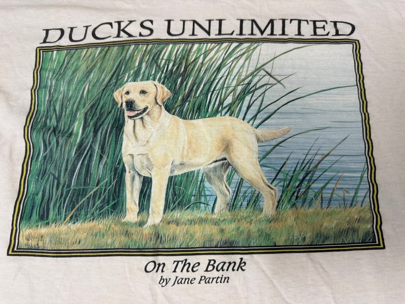 MENS USED VINTAGE 90S DUCKS UNLIMITED WHITE LAB DOG HUNTING SHIRT SIZE XL gallery