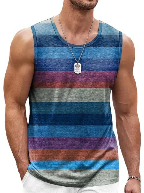 Men's Striped Gym Tank Top Summer Beach Muscle Sleeveless Shirt Casual Vest S-6X gallery