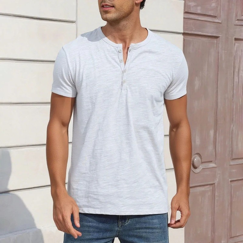 Premium Men's Cotton Henley T Shirt Breathable Slim Fit Casual Summer Top Gift gallery