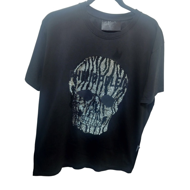 Philipp Plein Homme Black Crystal Zebra Skull T-Shirt Luxury Streetwear Mens