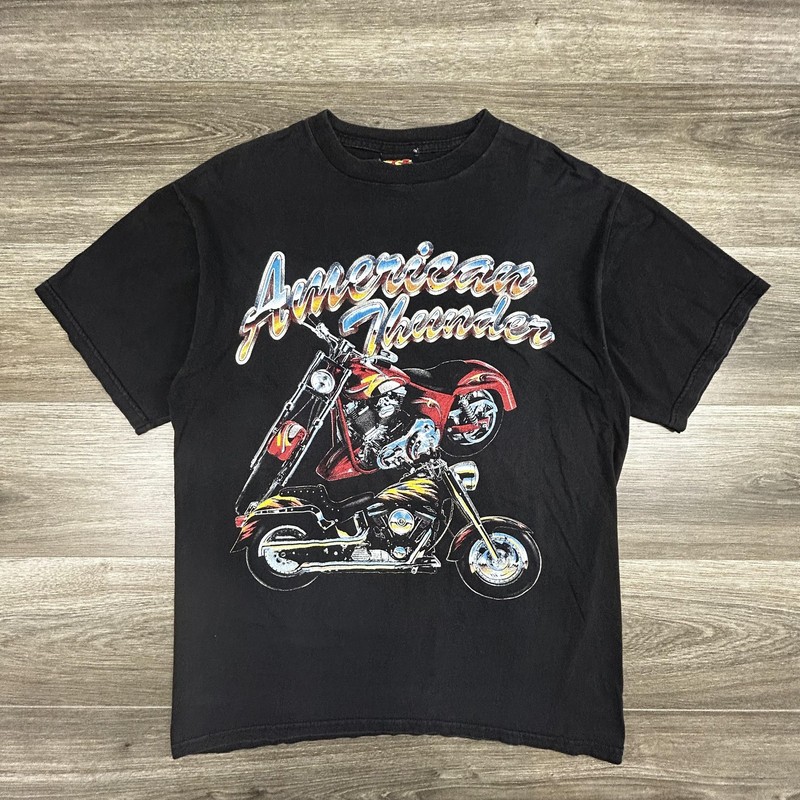 Vintage American Thunder Shirt Mens Large Black Motorcycle Chopper Biker 90s