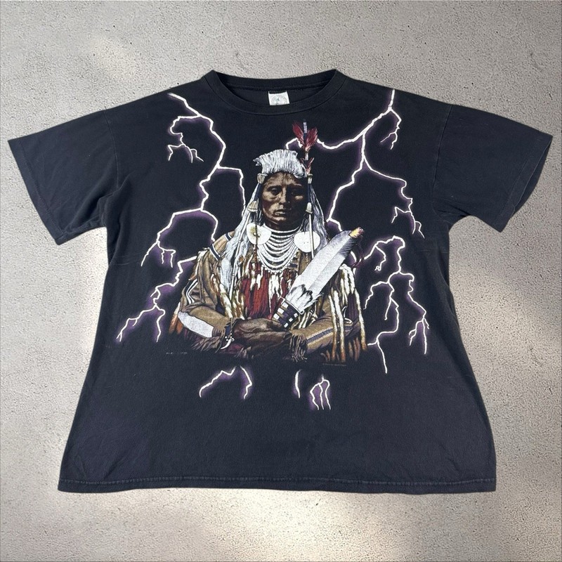 Vtg AOP 90s American Thunder Native American Lightning Eagle Boxy T-Shirt Sz XL