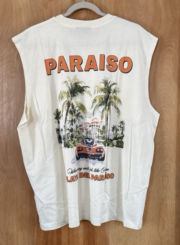 Asos Design Men’s Paraiso Palm Graphic Cut Off Sleeve T-Shirt Tee Tofu Sz XL NEW