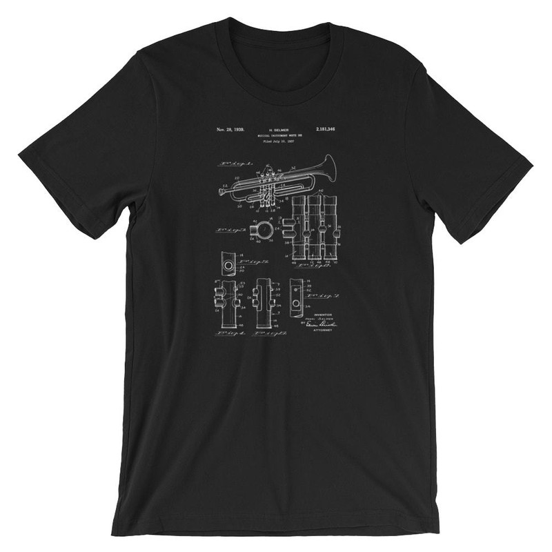 Trumpet Patent T-Shirt. Trumpet Shirt 100% Soft Cotton Tee on Black, White, Red