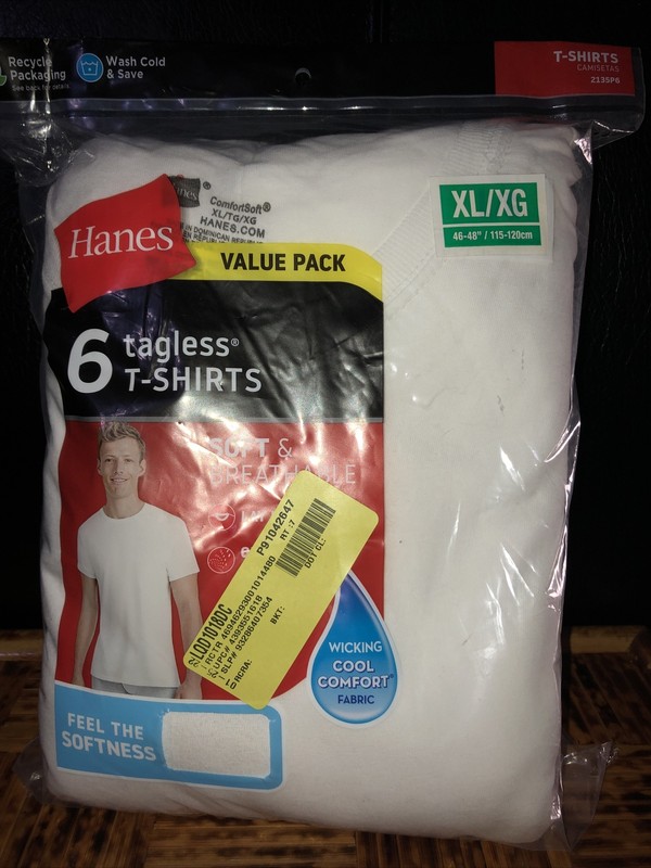 Men’s Hanes 6pk Tagless T-shirts XL, White, Crew Neck— Soft & Breathable