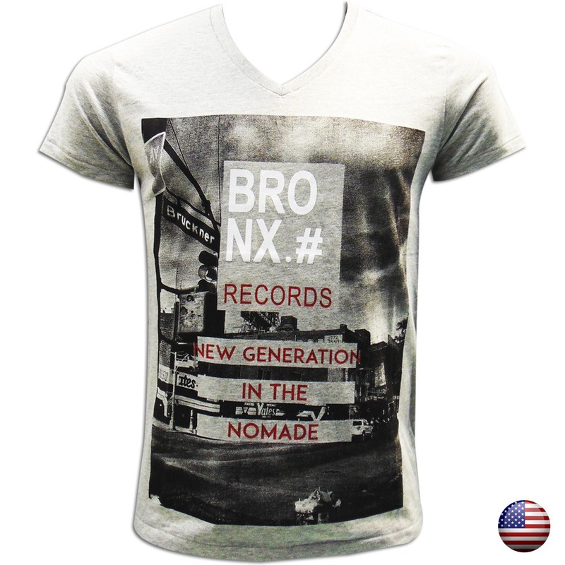 NWT BRONX NEW YORK NYC UNITED STATES MEN’S GRAY V-NECK GRAPHIC SLIM FIT T-SHIRT