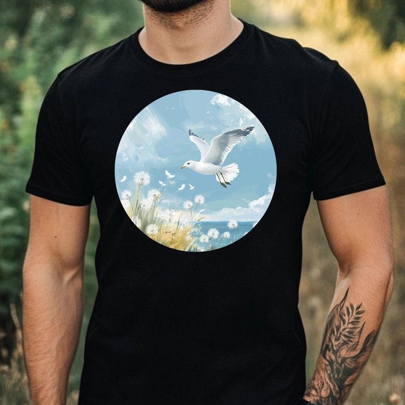 Mens Seagull Dandelion Print Cotton T-Shirt Size XS to 5XL