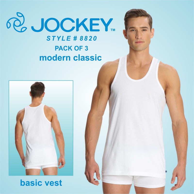 Jockey Mens Modern Classic Vest White Undershirt 3 Pack Style 8820 Cotton Tanks
