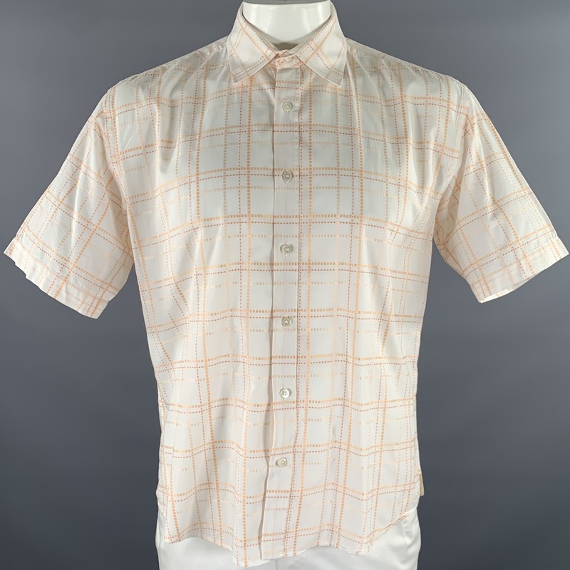 TED BAKER Size L Cream Orange Tartan Cotton Cutaway Short Sleeve Shirt
