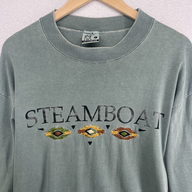 STEAMBOAT Shirt Mens L 90s Single Stitch Ski Resort Long Sleeve Gray VTG