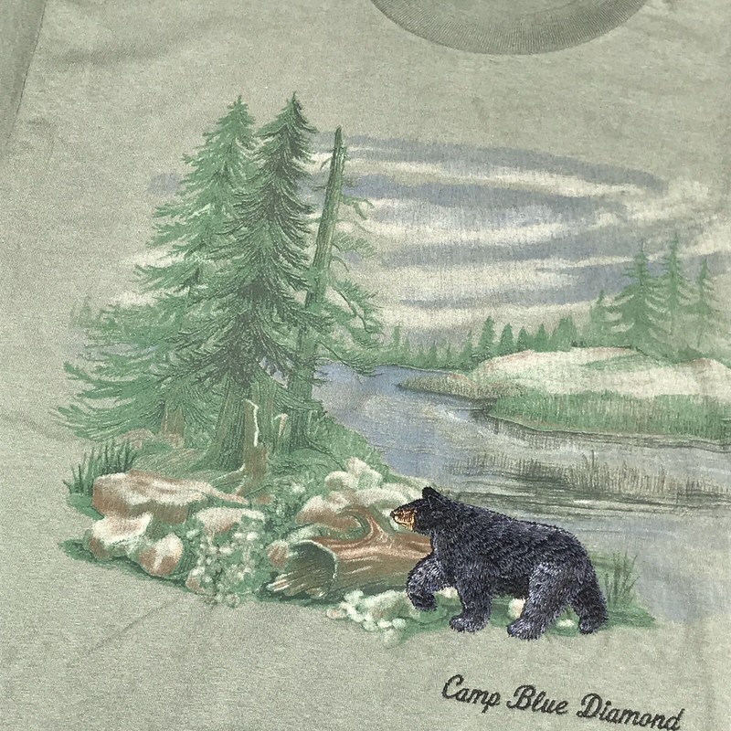 NWT NOS 90s T-Shirt Black Bear Embroidery Sage Green L Outdoor Camp Blue Diamond