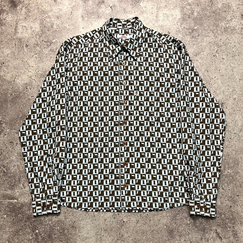 S.Oliver Geometric Pattern Print Blue Brown Long Sleeve Button Up Shirt Size M