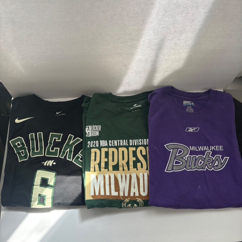 3 Pc Milwaukee Bucks T-Shirt Bundle XL/2XL Black Green Purple NBA Nike Reebok