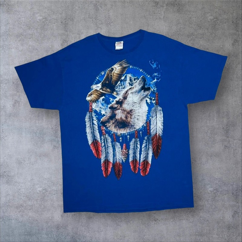 FOTL Eagle Wolf Wildlife Native American Dream Catcher Graphic Blue T-Shirt L XL