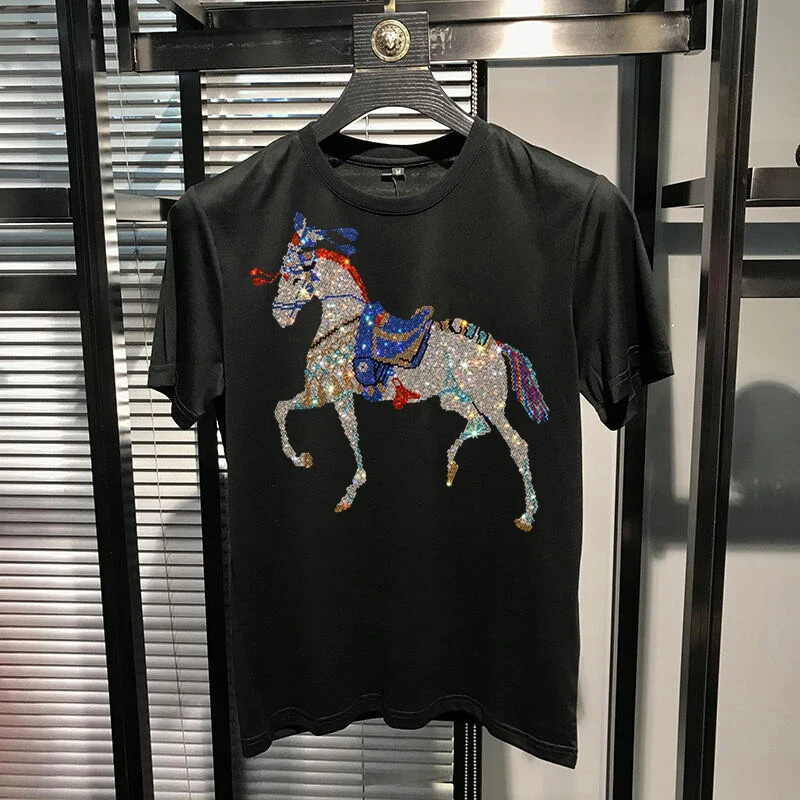 New Fashion Trend Horse Hot Drilling Rhinestones Summer Luxury Men T-Shirt