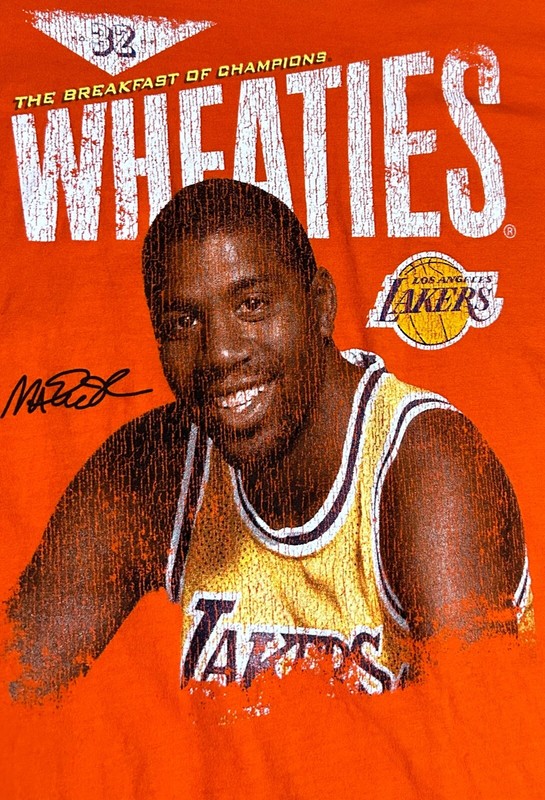 Vintage MAGIC JOHNSON T-Shirt WHEATIES Orange MEN'S Lakers LARGE vintage rare gallery