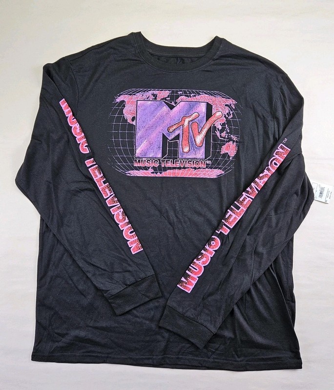 MTV Music Television Long Sleeve T-Shirt Mens XL Black Globe Logo Graphic Shirt