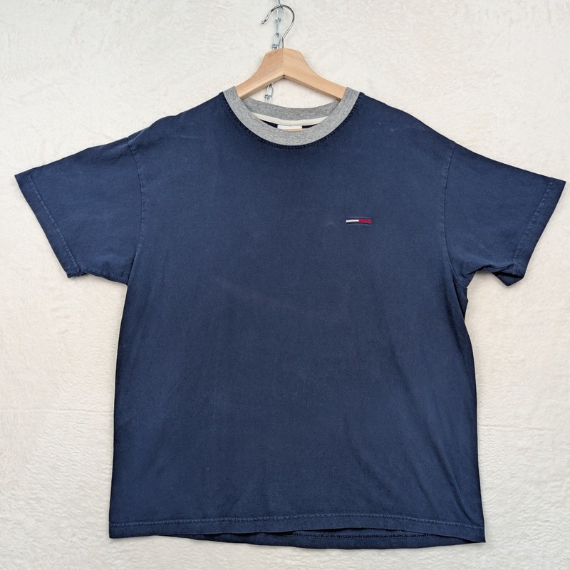VTG Tommy Jeans T-Shirt Men’s L Navy Blue Ringer Logo Made in USA Streetwear 90s