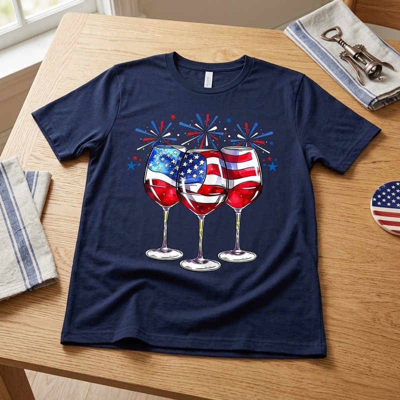 Patriotic Red White and Blue Wine Glasses 4th of July Ladies' Crewneck Tee A79 gallery