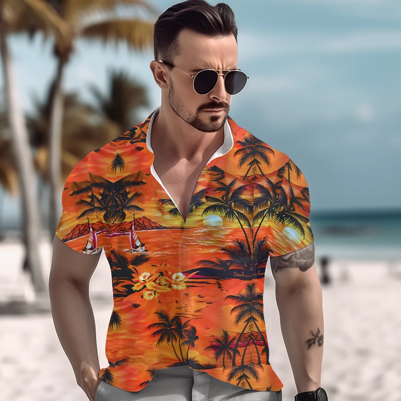 Hawaiian Shirt Mens Button Down Coconut Tree Print Beach Vacation Cruise Party @ gallery
