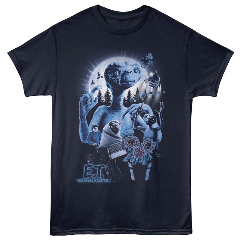 E.T. The Extraterrestrial T-Shirt 1982 Movie COLLAGE New Navy Cotton