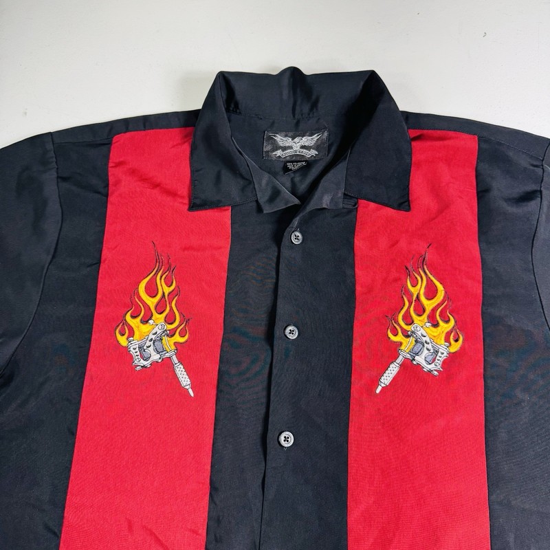 VTG Chrome Eagle Y2K Harley Shirt Flames Button Front Black Red Men’s Size XXL gallery