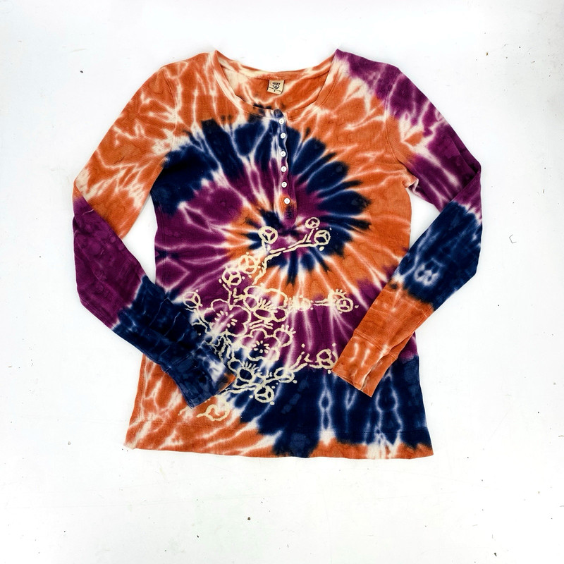 Vintage 90’s Y2K Lucky Brand Tie Dye Graphic Thermal Size Medium Orange Purple