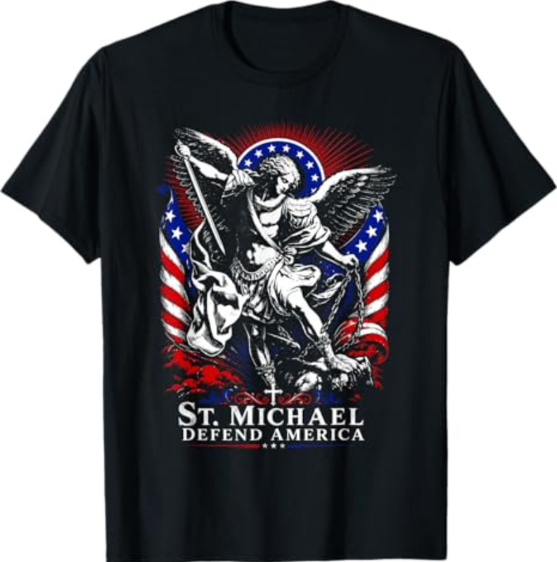 St. Michael Defend America Archangel Patriot USA Flag T-Shirt