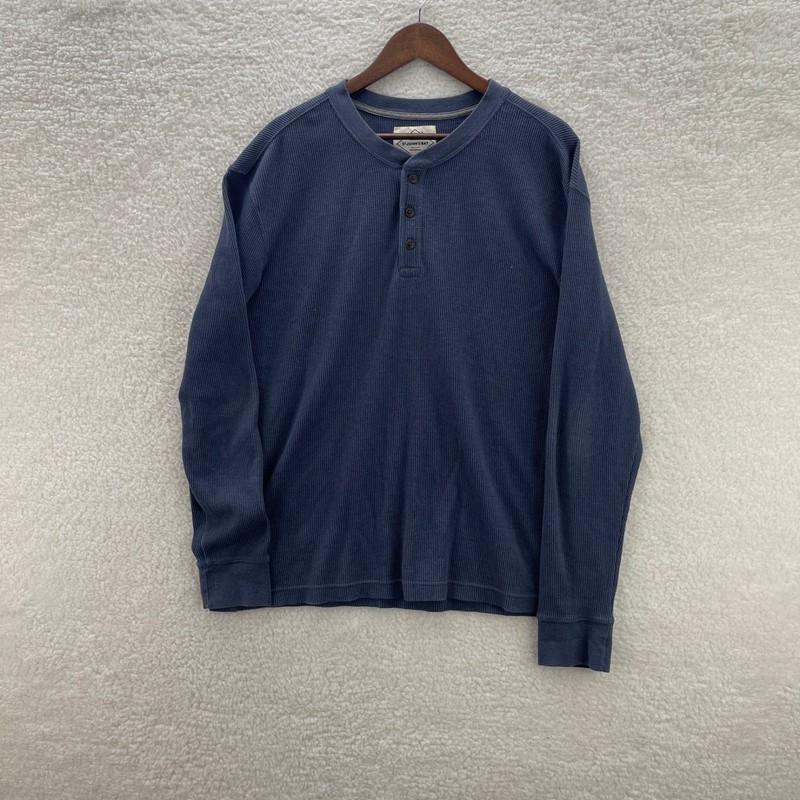 St Johns Bay Shirt Mens XL Blue Waffle Knit Thermal Henley Grunge Y2K Granola