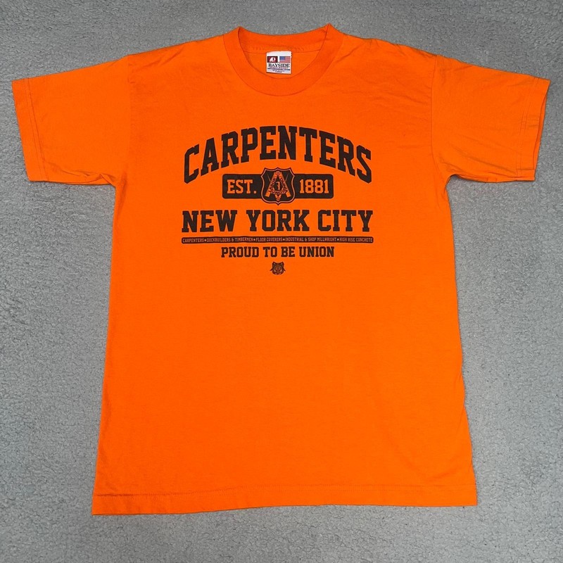 VTG Bayside Carpenters Union NYC T Shirt Men’s Sz L Orange Proud Made in USA Tee