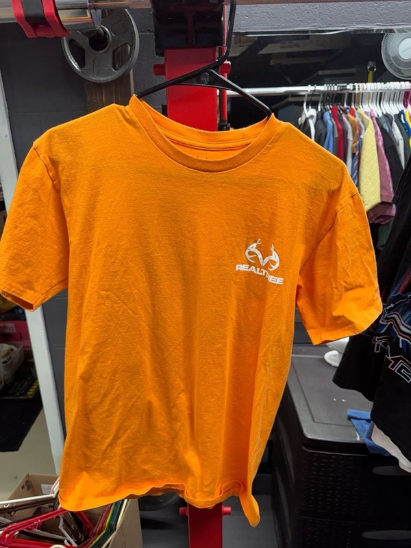 Realtree Men’s Orange Short Sleeve T-Shirt with Camo Antler Logo