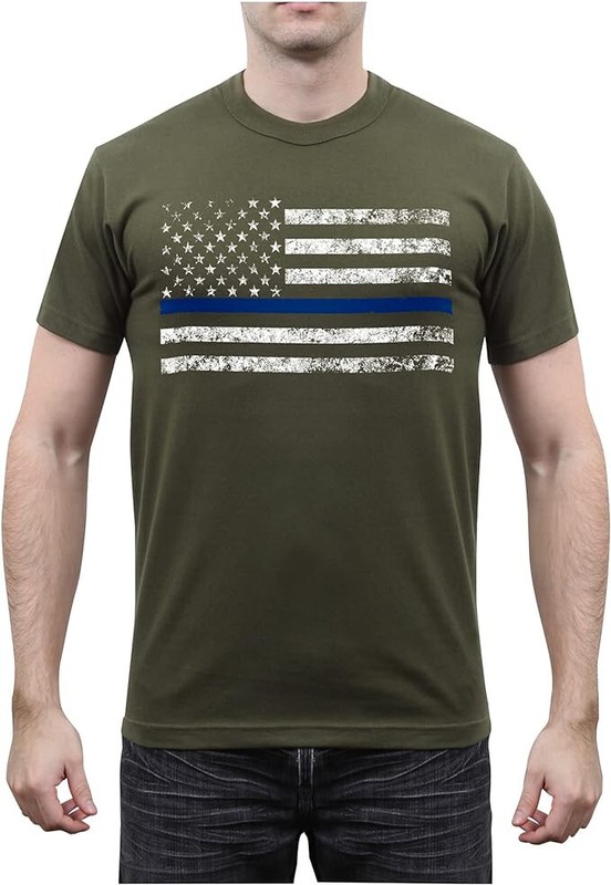 Men’s Olive Drab OD Thin Blue Line Edition US Flag Short Sleeve Tshirt XL 1092