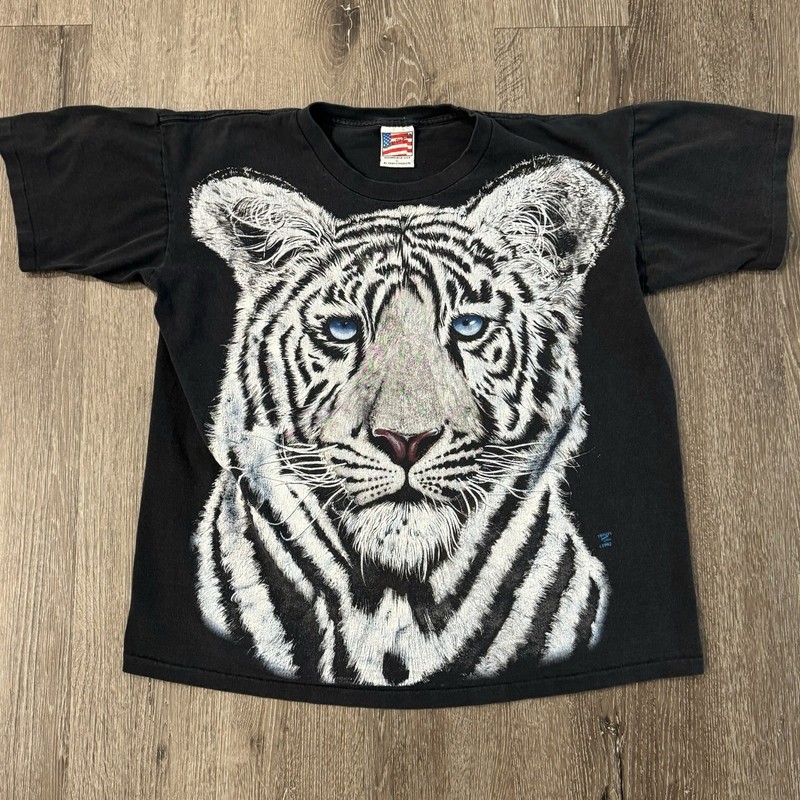 Vintage Tiger Shirt Mens Large All Over Print Graphic Short Sleeve Black 90s