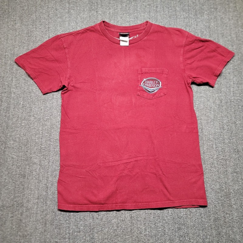 Harley Davidson Shirt Men's Large Red Biker Arrowhead Indian Skull Hole Stain gallery