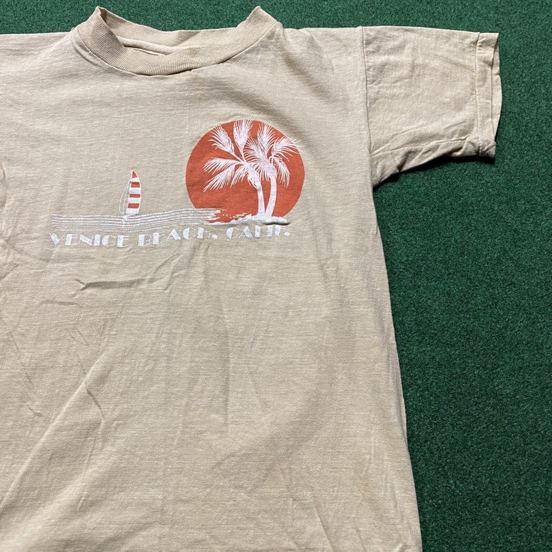 Vintage Venice Beach California Shirt Mens Small Beige Brown 60S 70S Tee