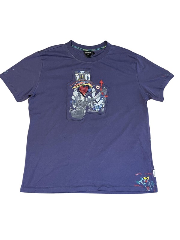 Desigual Shirt Mens XL Purple Art Love Graphic Tee Embroidered Heart Front