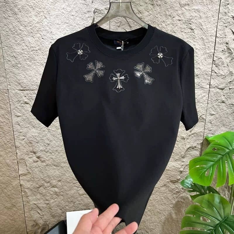 New Fashion Men Trend Cross Drills Rhinestone Diamond Streetwear Luxury T-Shirt