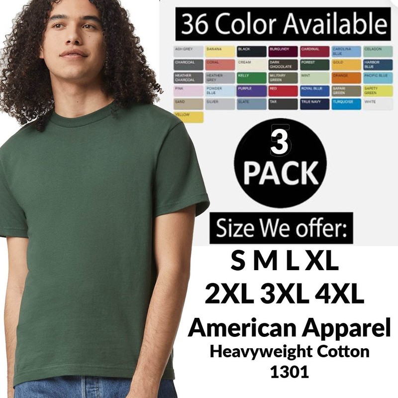 3 PACK OF American Apparel Adult Cotton Plain Short Sleeves T-Shirt - AL1301