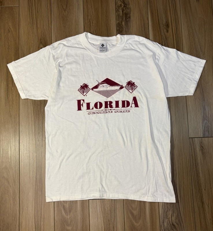 Vintage Columbia Shirt Florida Mens Large White Graphic Fish Boating USA 90s